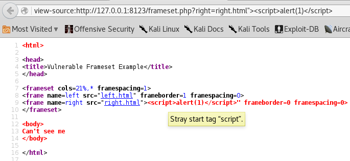 Frameset XSS - Script fail