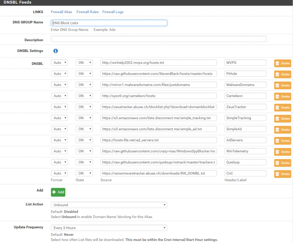 pfSense DNSBL - Feeds