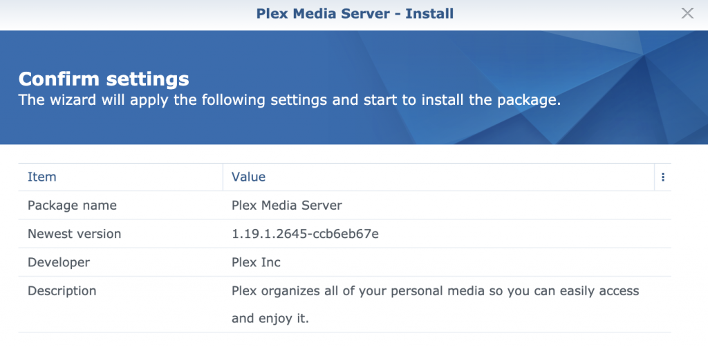 Synology Plex Media Server - Confirm installation