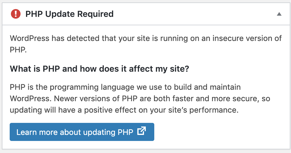 WordPress Update PHP - Update required